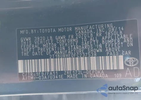 2015 Toyota Corolla L из США, поврежденный, VIN 2T1BURHE0FC237538